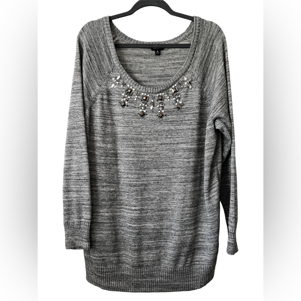 Grey Heather Sweater with Jeweled Neckline